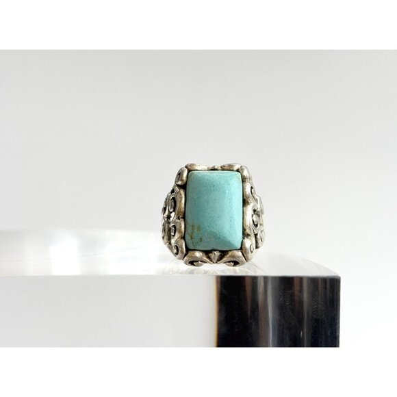 Natural Turquoise Rectangular Southwest Vintage Sterling Silver Ring - sz 8 - Picture 4 of 10